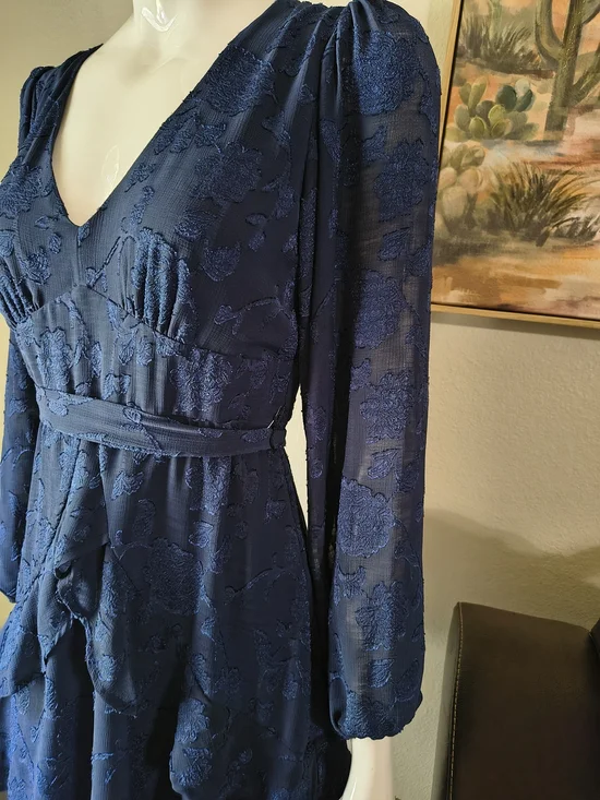 miami Navy Blue V-Neck Long Sleeve Lace Tiered Dress - Picture 3 of 10